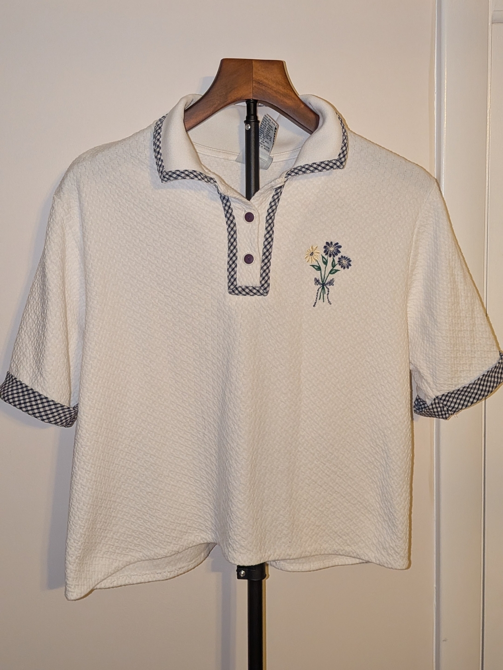 Koret White Polo with Navy Trim & Floral Embroidery